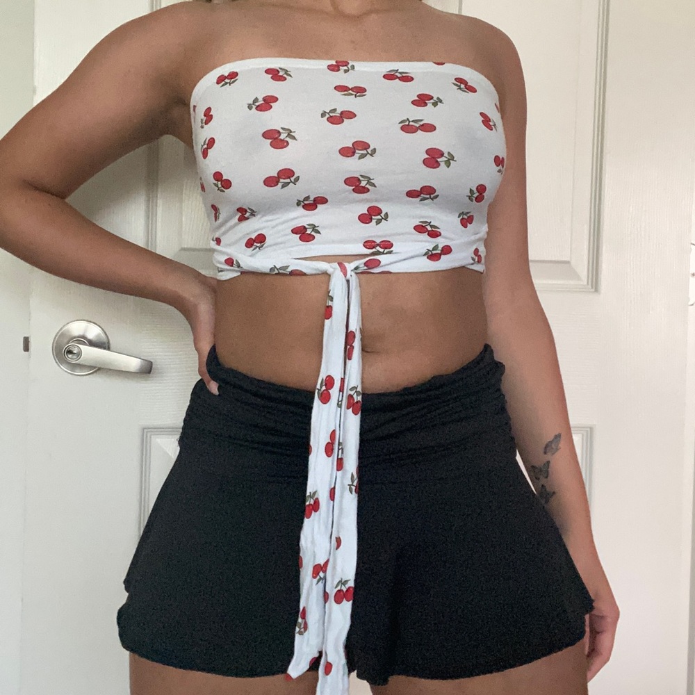Cherry White Bandeau Tube Crop Top